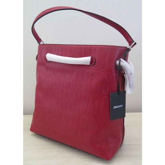 DKNY R13JVP96 Red Signature Logo Jody Drawstring Bucket Tote Shoulder Bag $178 - Picture 7 of 14